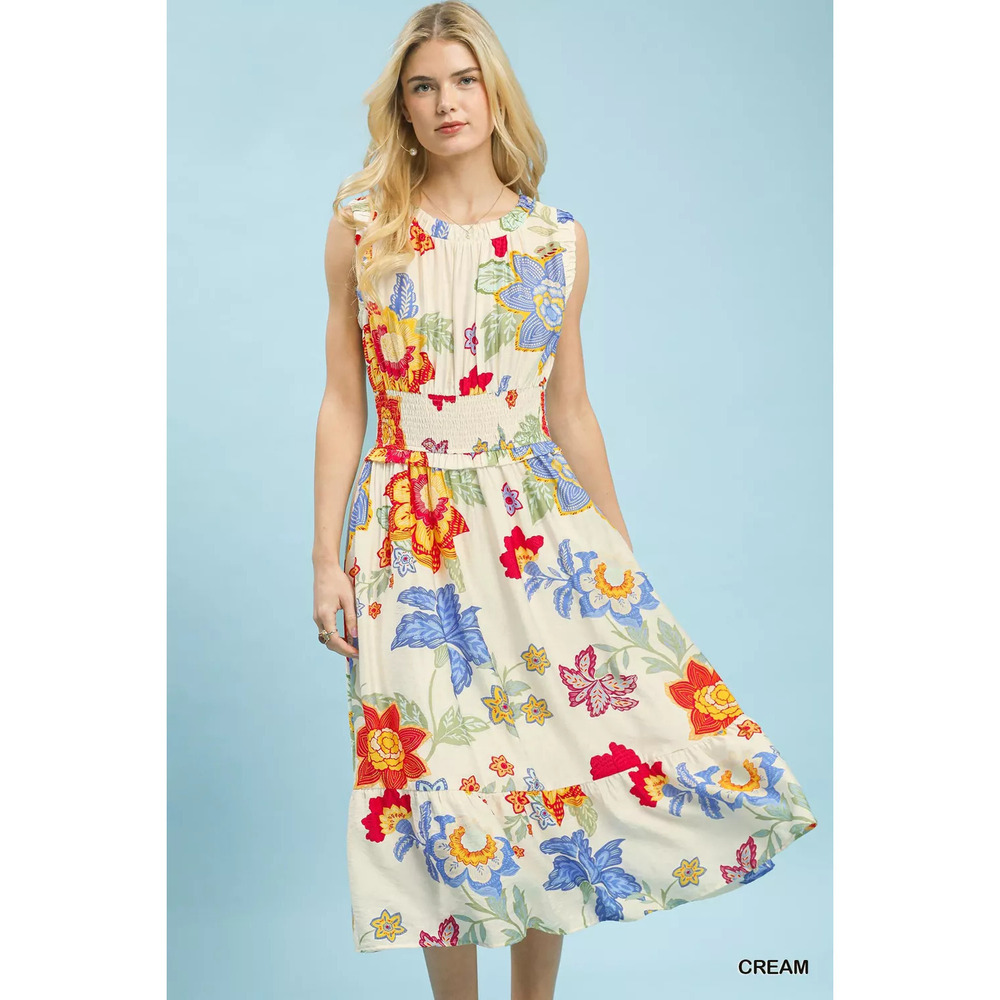 Umgee Floral Smocked Midi Dress